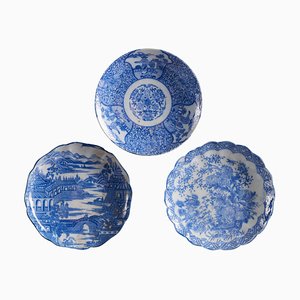 White Ceramic Plates with Ornate Indigo Blue Designs, Set of 3