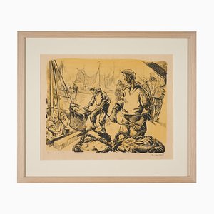 Lucien Desmaré, Fishermen in the Harbor, Paper, Framed
