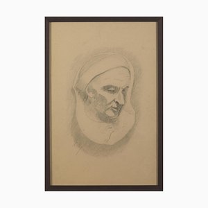 Man's Face, 19th-Century, Pencil on Paper, Framed