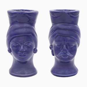 Grifone & Mata Ceramic Heads • Blue Pantelleria • H14 from Crita Ceramiche, Set of 2