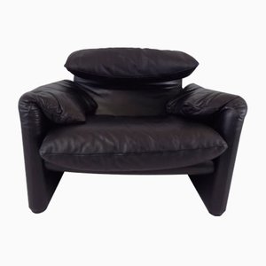 Black Leather Armchair by Vico Magistretti for Cassina