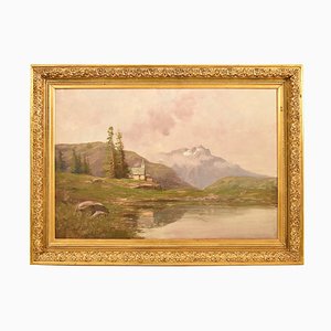 Mountain Landscape Painting, 19th-Century, Oil on Canvas, Framed