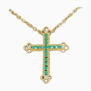 18K Yellow Gold, Emerald & Diamond Cross Pendant