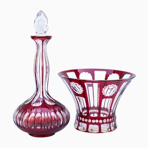 Jarra y jarrón Ruby de vidrio laminado, principios del siglo XX. Juego de 2