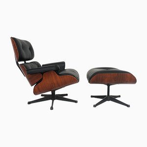Rosewood Lounge Chair & Ottoman in Black Leather by Charles & Ray Eames for Herman Miller, Set of 2