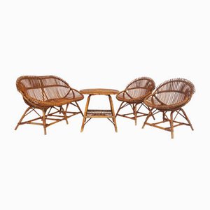 Italian Sofa, Armchairs and Coffee Table Set in Bamboo, 1960s, Set of 4