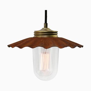 Lampe à Suspension Industrielle Vintage en Laiton, Métal Rouille et Verre Transparent