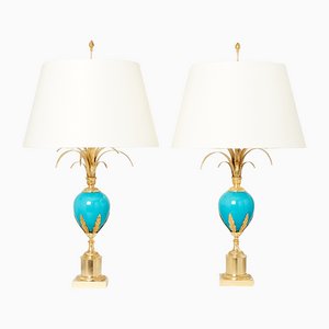 Brass and Blue Opaline Ostrich Egg Lamps by Maison Charles, 1970s, Set of 2