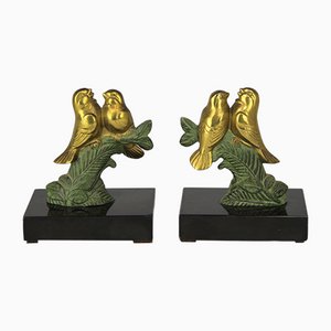 Art Deco Bookends with Patinated Metal Bird Figures, Set of 2