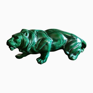 Art Deco Saint Clement Style Lion in Glazed Green Ceramic, France