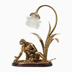 Sculptural Table Lamp with Brass Figure of Young Man Looking Into Lake