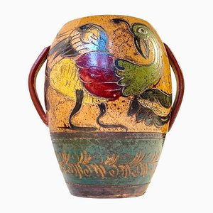 Vase Antique en Céramique avec Coqs en Majolique, Italie, 19ème Siècle