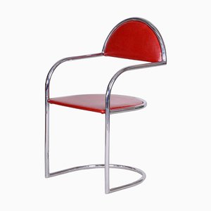 Czech Bauhaus Chair in Red Leather and Steel, 1940s