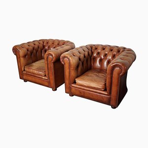 Dutch Cognac Leather Chesterfield Club Chairs, Set of 2