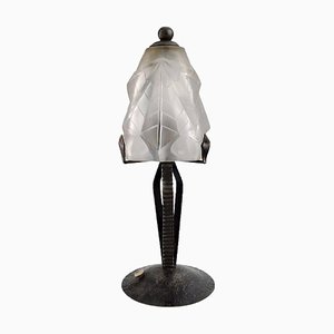 Art Deco Table Lamp in Art Glass and Cast Iron by Degue, France, 1930s