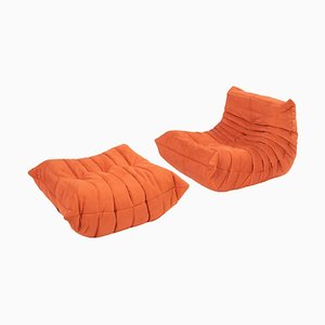 Cadmium Orange Togo Chair and Footstool by Michel Ducaroy for Ligne Roset, Set of 2