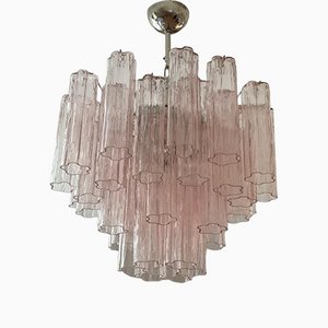 Lampadario tubolare in vetro di Murano rosa
