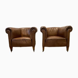 Swedish Tan Leather Club Chairs, 1920s, Set of 2