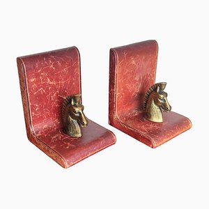 Vintage Italian Leather and Brass Horse Head Bookends, Set of 2