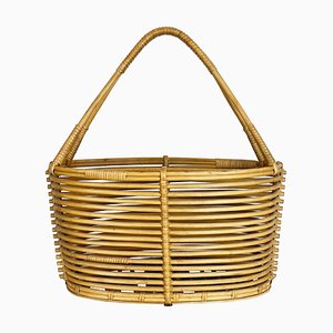 Mid-Century French Bauhaus Rattan Magazine Holder in the Style of Aubock, 1970s