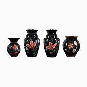 Schwarze Keramikvasen mit handbemaltem Natur-Dekor, 4er Set