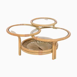 Italian Rattan and Glass Coffee Table with 3 Risers