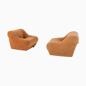 Space Age Italian Orange Velvet Fabric Armchairs, Set of 2