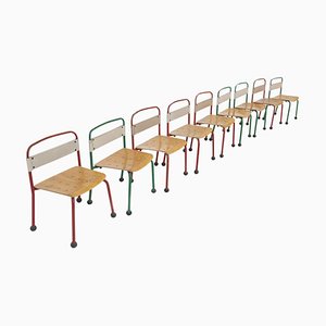 French Aluminium and Wood Childrens Chairs, Set of 9