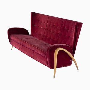 Italian Red Velvet and Wood Sofa by Paolo Buffa