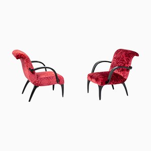 American Red Velvet Damask and Wood Armchairs by Gilbert Rohde, Set of 2