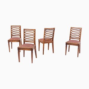 Louis XVI Wood and White and Red Silk Chairs, Set of 4