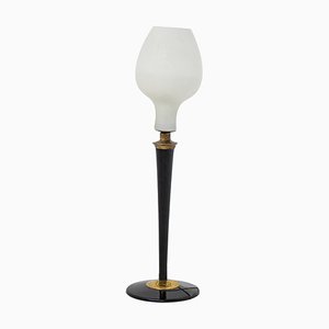 Lámpara de mesa italiana grande de vidrio opalino y madera y latón