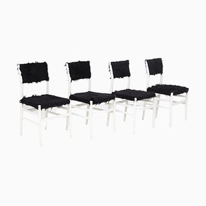 Leggera Chairs in White Wood & Black Synthetic Fur by Gio Ponti, Set of 4
