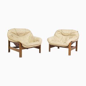 Italian Armchairs in Beige Leather and Wood, Set of 2