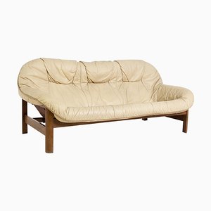 Italienisches Vintage 2-Sitzer Sofa aus Beigem Leder und Holz