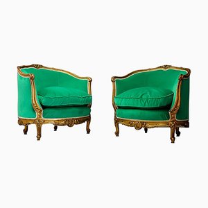 Louis XV Style Green Armchairs in Gilded Carved Wood, Set of 2