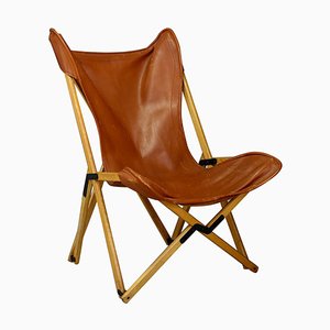 Tripolina Folding Chair in Leather and Teak from Viganò, 1970s