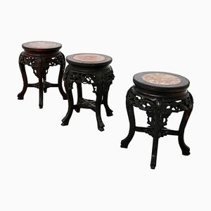Chinese Vase Holders in Ebonized Wood with Marble Top, Set of 3