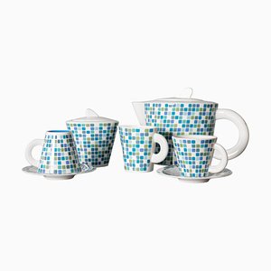 Servizio da tè in ceramica blu e bianca di Gio Ponti per Pozzi Ginori, anni '70, set di 5