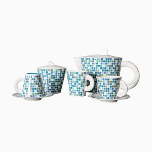 Tea Set in Blue and White Ceramic by Gio Ponti for Pozzi Ginori, 1970s, Set of 5