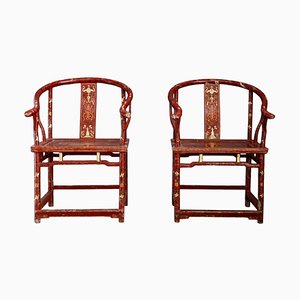 Chinese Armchairs in Lacquered Red Wood, Set of 2