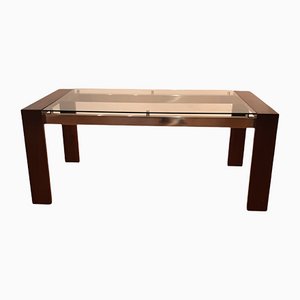Mesa de comedor rectangular de metal cromado, madera y vidrio