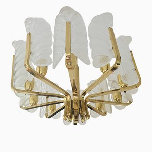 Scandinavian Brass Chandelier with 10 Glass Leaves by Carl Fagerlund for Orrefors, Sweden, 1960s