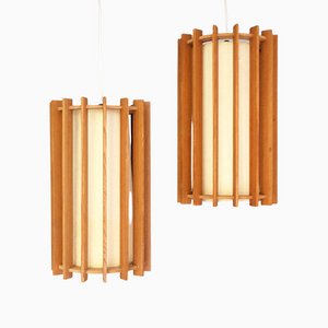 Tema Pendant Lamps in Pinewood and Linen by Ib Fabiansen for Fog & Morup, Denmark, Set of 2