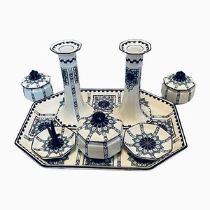 Conjunto inglés modernista de porcelana con candelabros, cuencos con tapa y plato de servicio de Royal Cauldon. Juego de 8