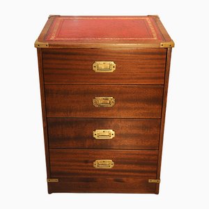 Military Campaign Chest with Four Drawers, Brass Handles & Red Tooled Leather Top from Kennedy of Ipswich