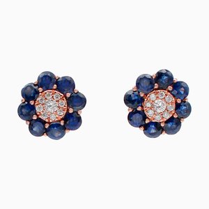 Boucles d'Oreilles Saphirs Bleus, Diamants, Or Rose 18 Carats