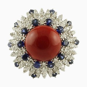 Diamonds, Blue Sapphires, Red Coral Button, 14 Karat White Gold Ring