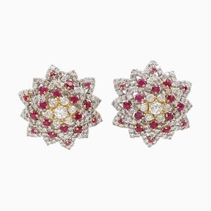 Diamonds and Rubies, 18kt White/Yellow Gold Flower/Star Design Clip-on Earrings