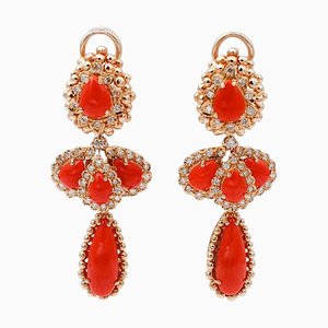 Coral, Diamonds, 14 Karat Rose Gold Dangle Earrings